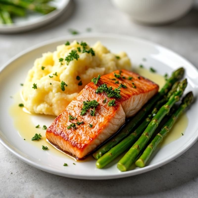 Seared Salmon Fillet with Garlic Mashed Potatoes and Steamed Asparagus