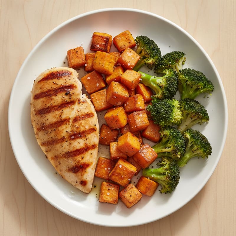 Grilled Chicken Breast with Roasted Sweet Potato and Steamed Broccoli
