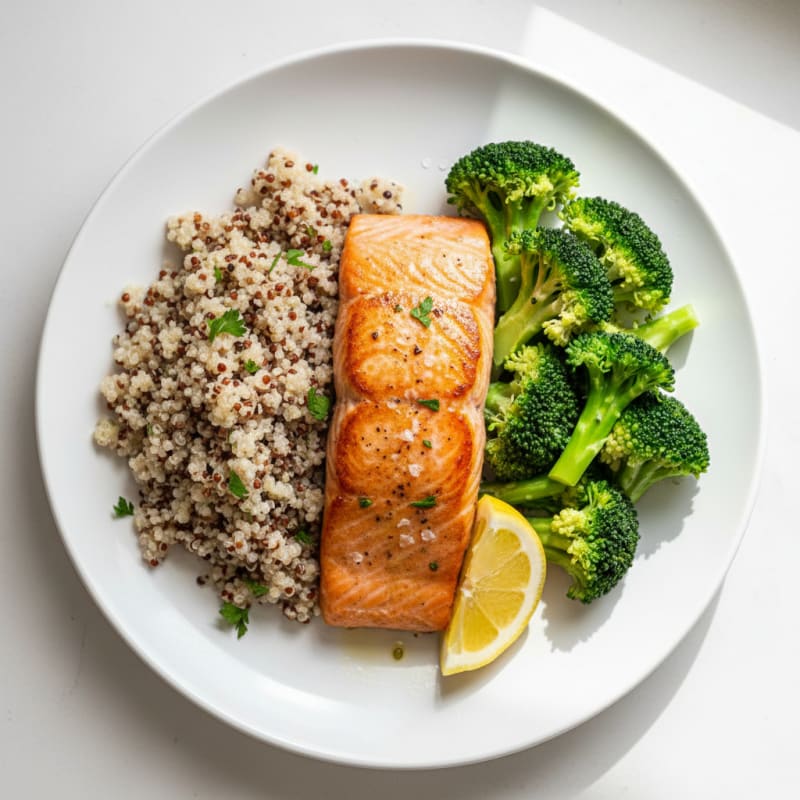 Seared Salmon Filet with Steamed Broccoli and Quinoa