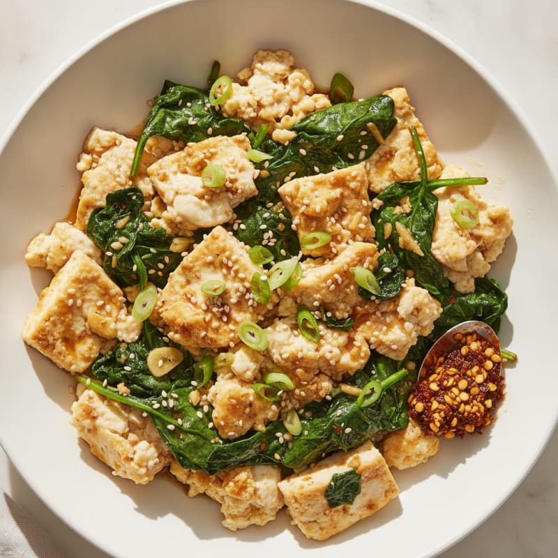 Egg White Scramble with Silky Tofu and Stir-Fried Spinach