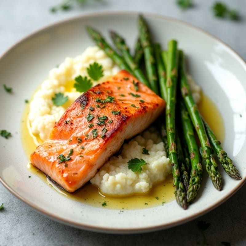 Seared Salmon with Herb Roasted Asparagus and Garlic Mashed Cauliflower