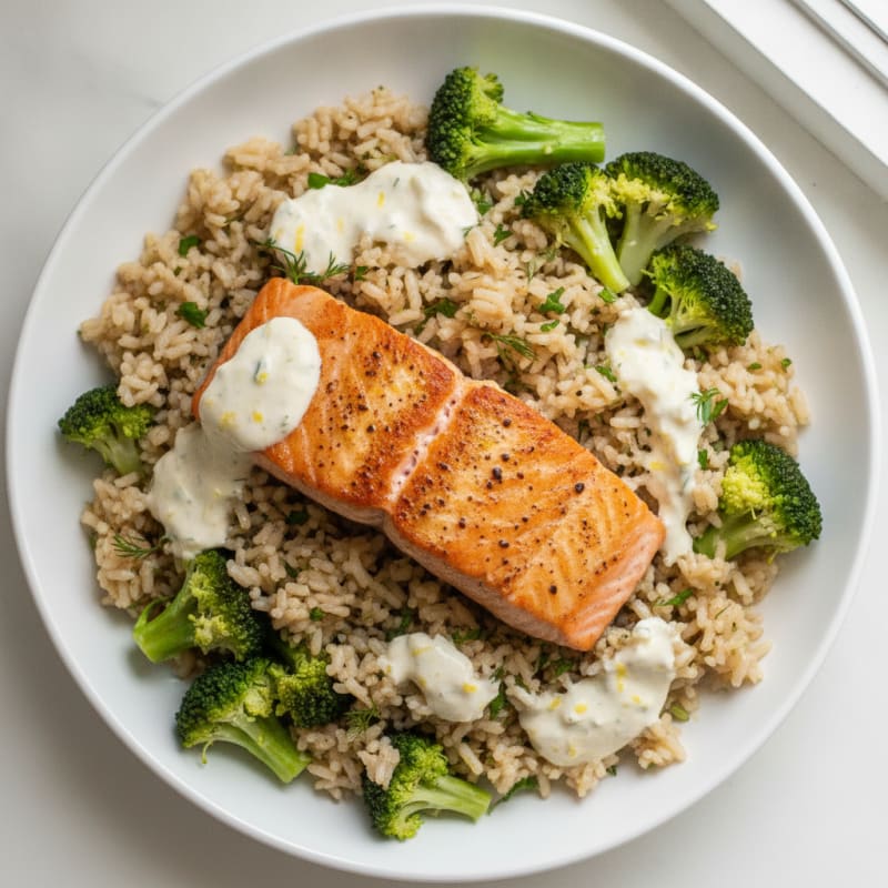 Pan-Seared Salmon with Steamed Broccoli and Herb Rice