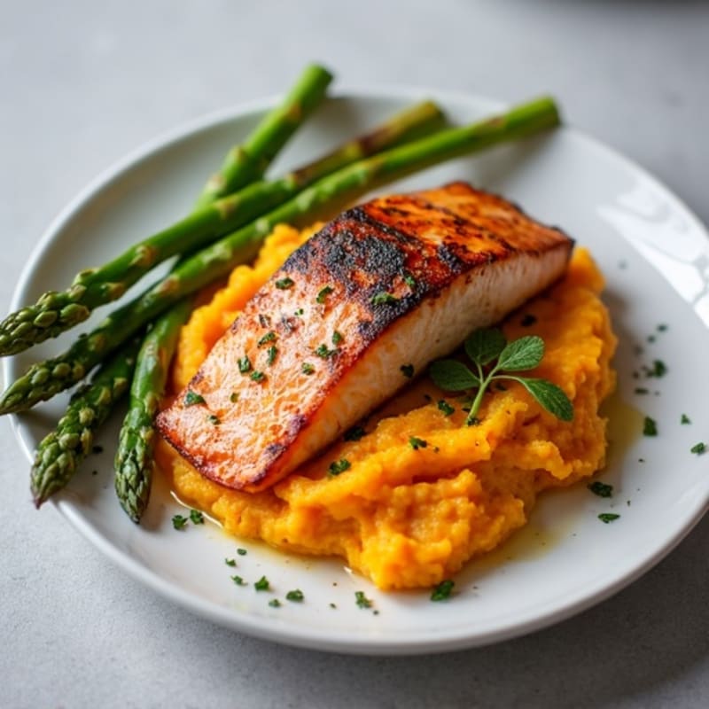 Seared Salmon Fillet with Roasted Asparagus and Sweet Potato Mash