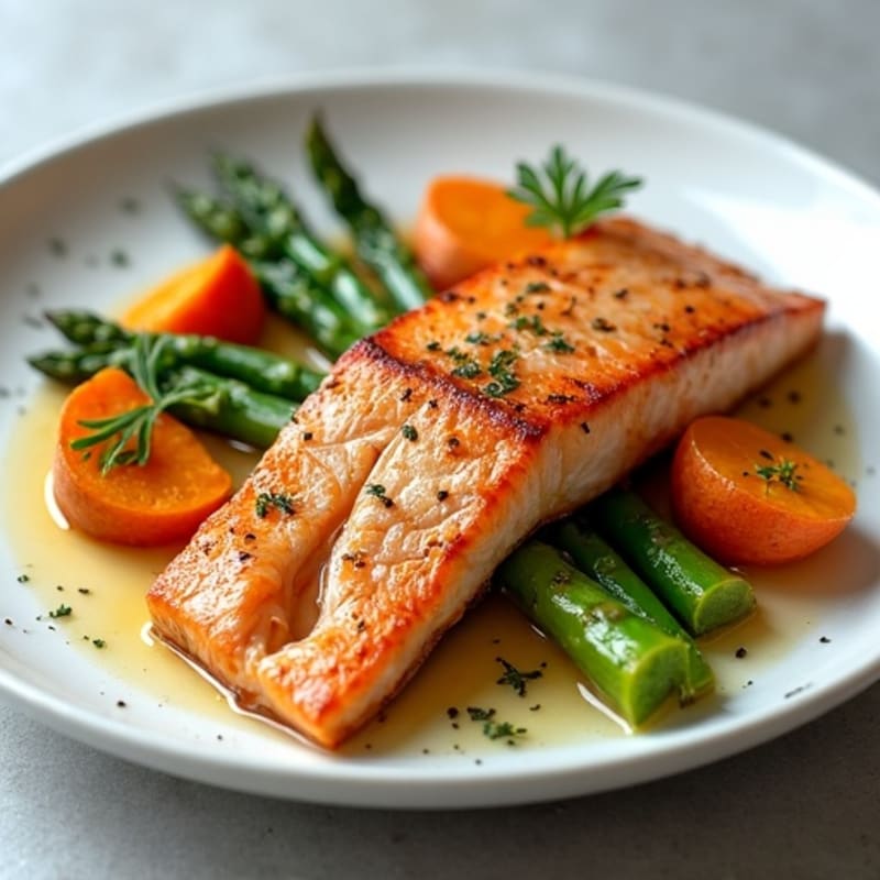 Seared Salmon Fillet with Roasted Sweet Potatoes and Asparagus