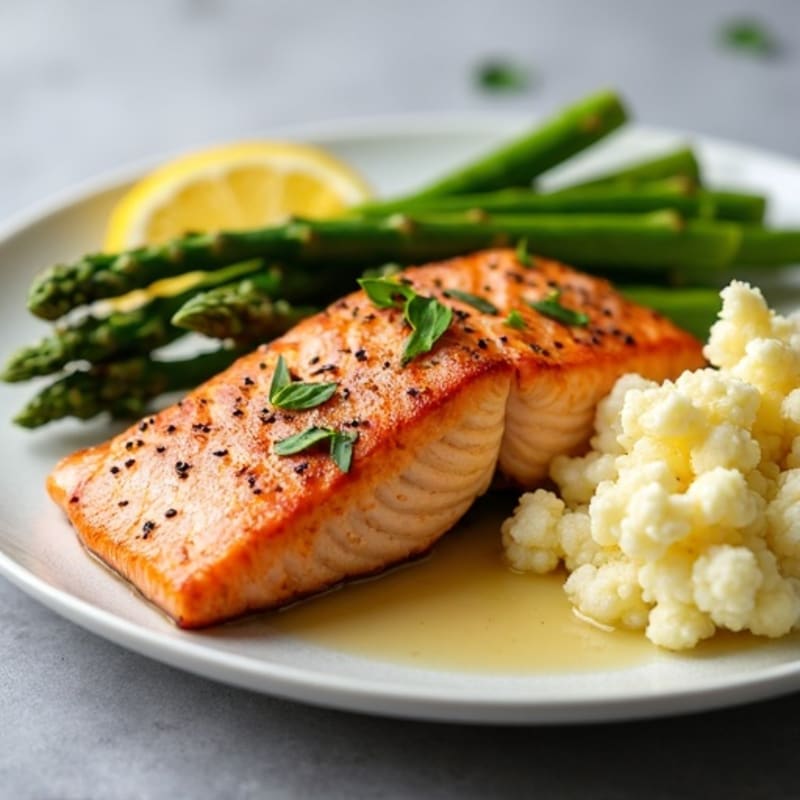 Seared Salmon Fillet with Steamed Asparagus and Garlic Mashed Cauliflower
