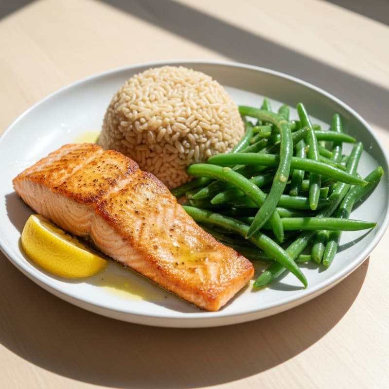 Seared Salmon with Steamed Green Beans and Brown Rice