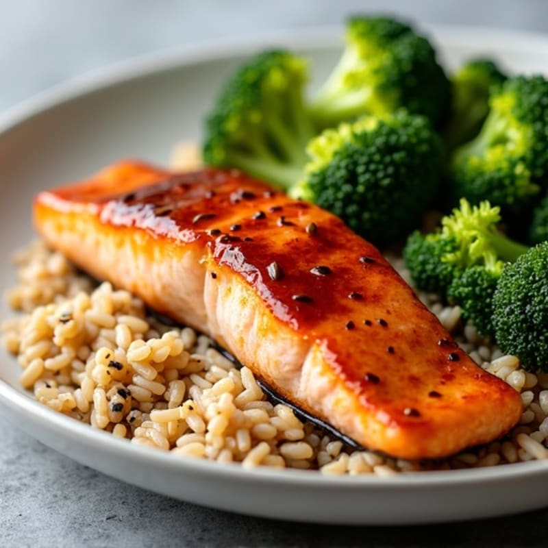 Teriyaki Glazed Salmon with Roasted Broccoli and Brown Rice