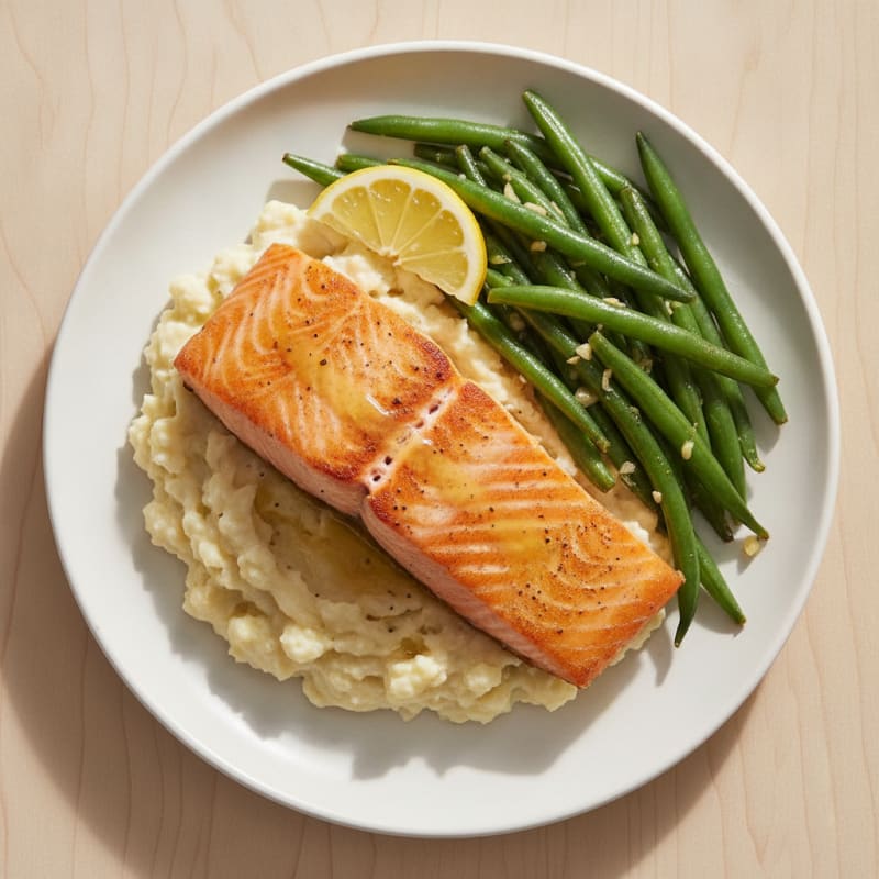 Seared Salmon with Garlic Green Beans and Cauliflower Mash