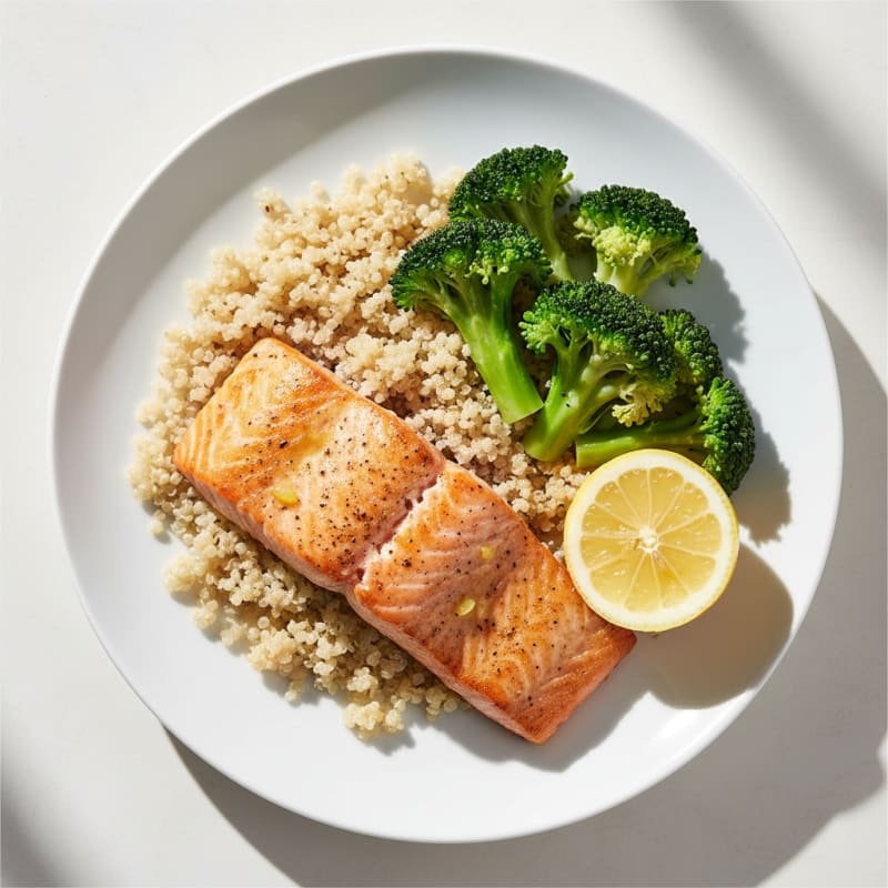 Seared Salmon with Steamed Broccoli and Quinoa