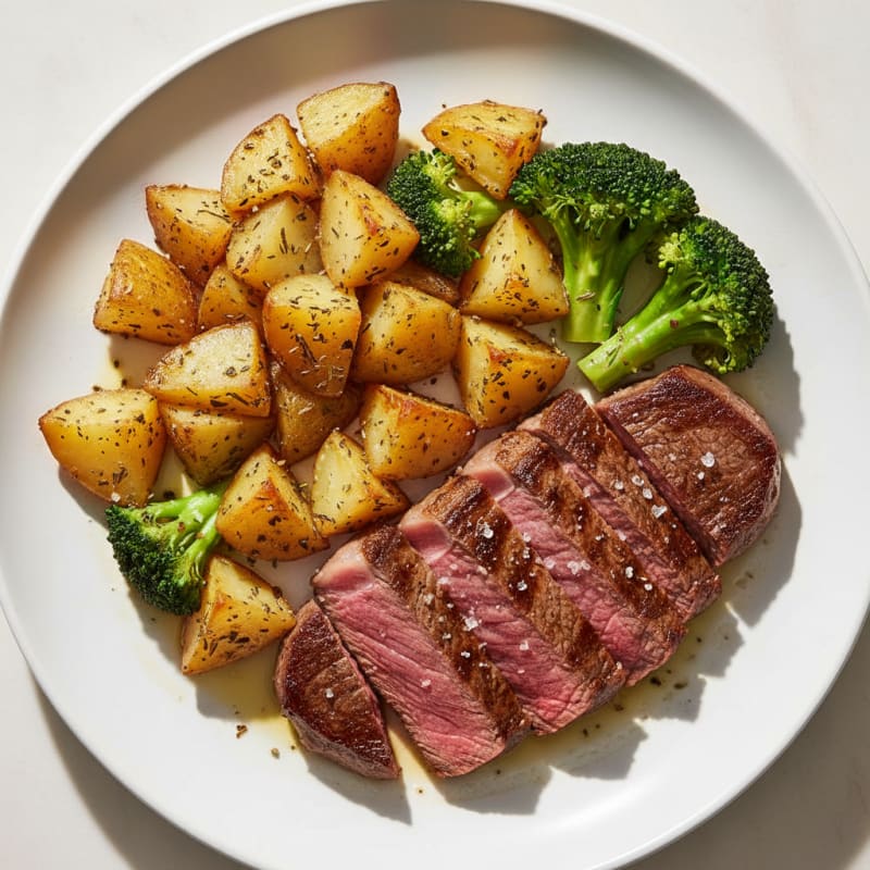 Seared Lean Beef with Herb-Roasted Potatoes and Steamed Broccoli