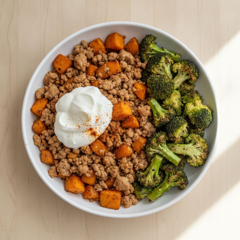 Ground Turkey and Sweet Potato Skillet with Roasted Broccoli