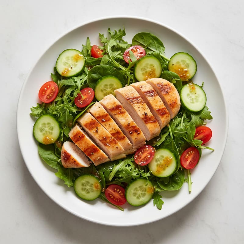 Grilled Chicken Breast Salad with Crunchy Cucumbers and Cherry Tomatoes