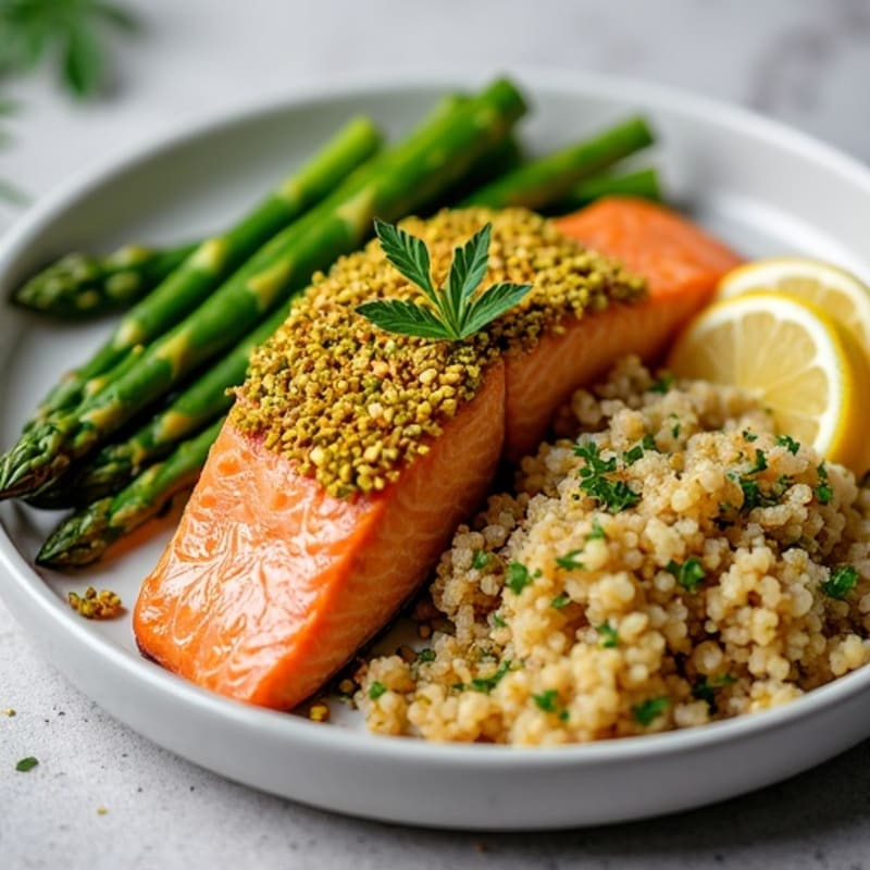 Pistachio Crusted Salmon with Roasted Asparagus and Lemon Dill Quinoa