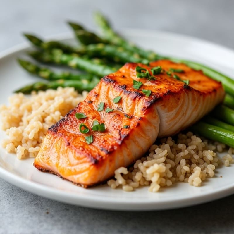 Seared Salmon Fillet with Steamed Asparagus and Brown Rice