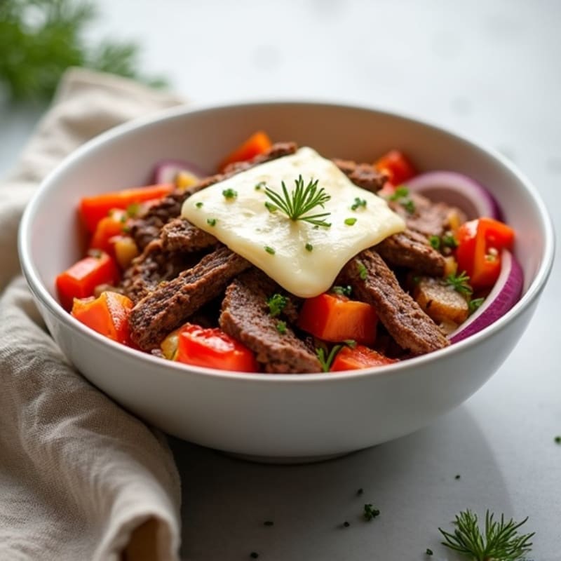 Lean Sautéed Steak and Bell Pepper and Onion Bowl with Creamy Provolone