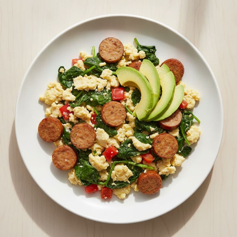 Egg White Scramble with Turkey Sausage and Sautéed Spinach