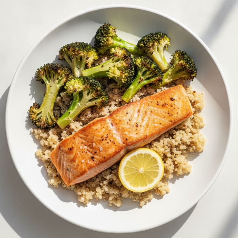 Seared Salmon with Roasted Broccoli and Quinoa