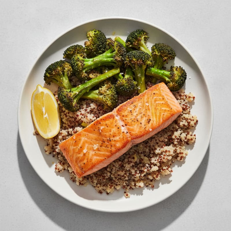 Seared Salmon with Roasted Broccoli and Quinoa