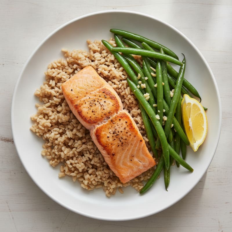 Seared Salmon with Garlic Green Beans and Brown Rice
