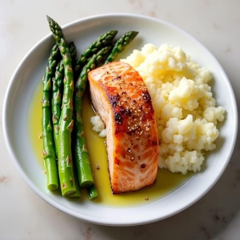 Seared Salmon with Steamed Asparagus and Mashed Cauliflower