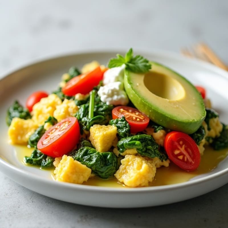 Egg White Spinach Scramble with Cottage Cheese and Cherry Tomatoes