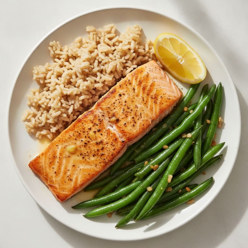 Seared Salmon with Garlic Green Beans and Brown Rice