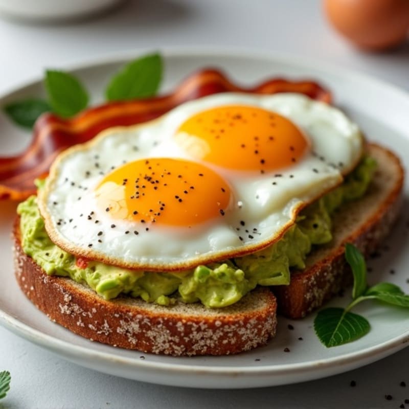 Crispy Fried Eggs with Creamy Avocado Toast and Turkey Bacon