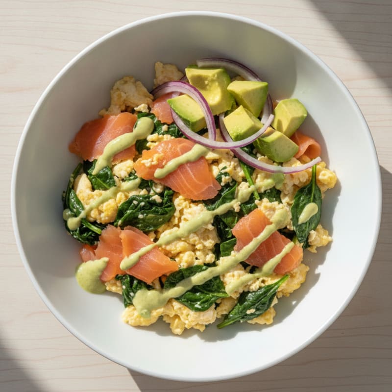 Egg White and Smoked Salmon Scramble with Fresh Spinach