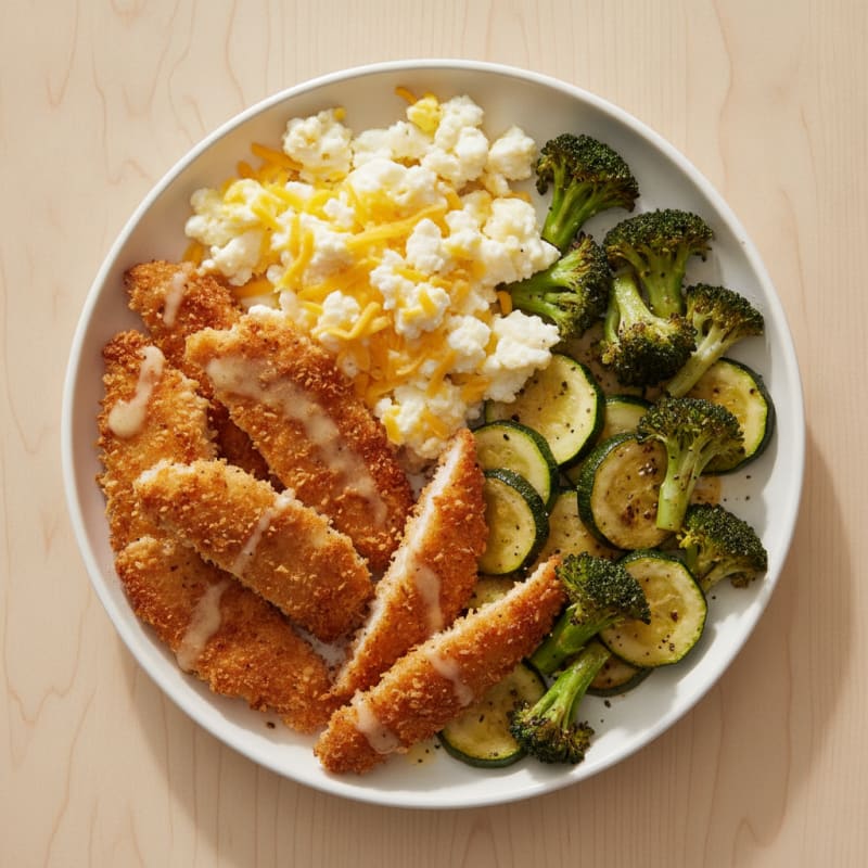 Air-Fried Cassava Chicken with Cheesy Egg White Scramble and Roasted Veggies