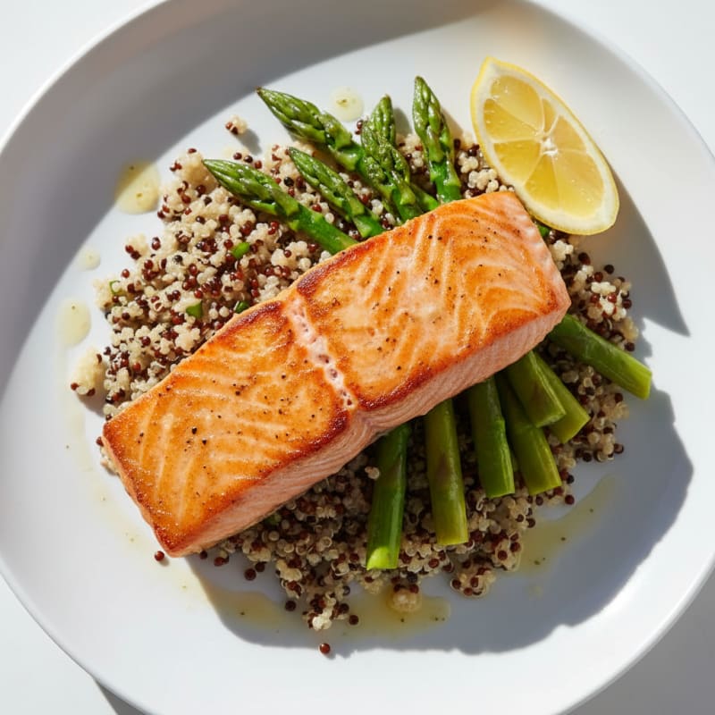 Seared Salmon Fillet with Steamed Asparagus and Quinoa