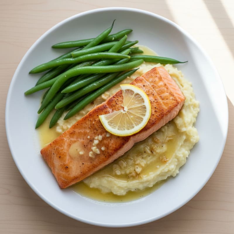 Seared Salmon Fillet with Steamed Green Beans and Garlic Mashed Cauliflower