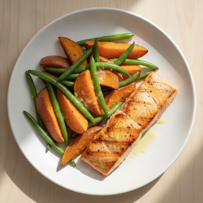 Seared Salmon with Roasted Sweet Potatoes and Green Beans