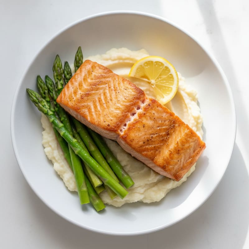 Seared Salmon Filet with Steamed Asparagus and Cauliflower Mash
