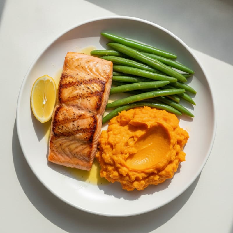 Seared Salmon with Steamed Green Beans and Sweet Potato Mash
