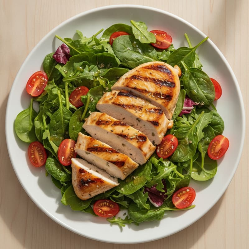 Grilled Chicken Breast over Mixed Greens with Cherry Tomatoes