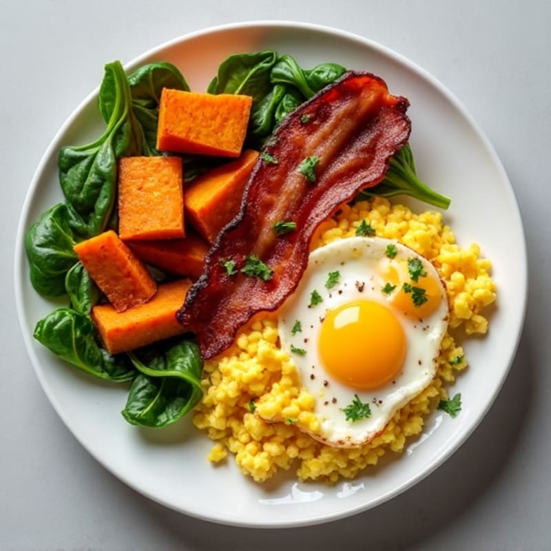 Crispy Turkey Bacon and Egg White Scramble with Roasted Sweet Potato