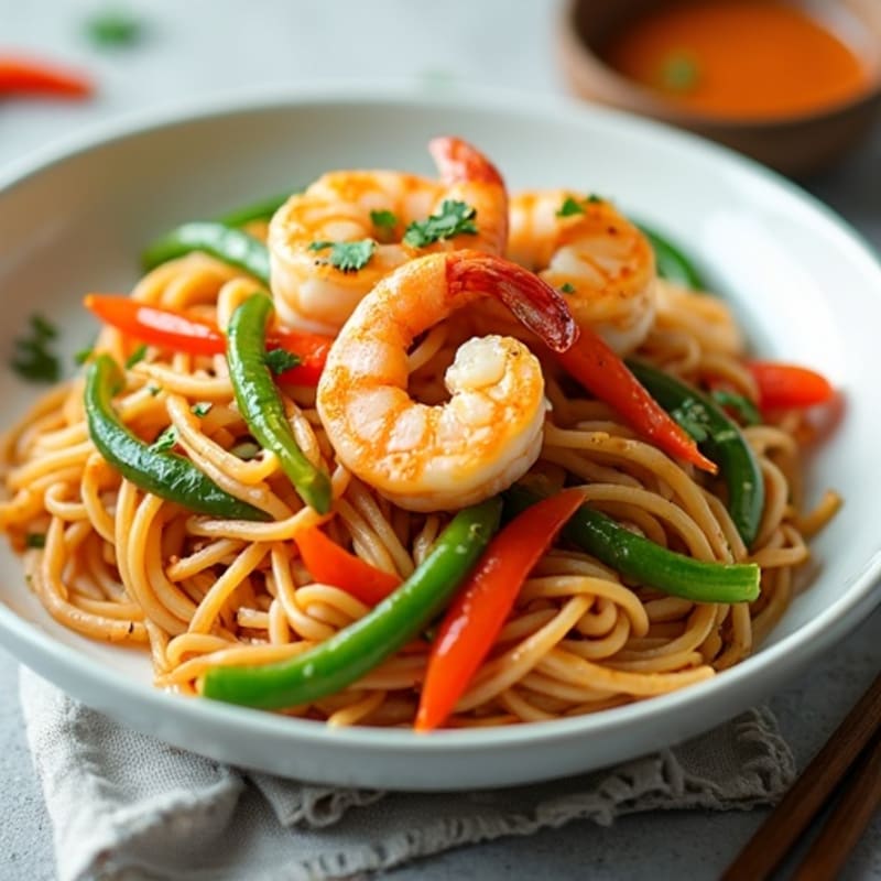 Shrimp and Rice Noodle Stir-Fry with Fresh Vegetables and Zesty Peanut Sauce