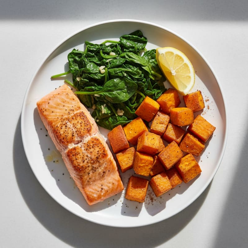 Seared Salmon Fillet with Roasted Sweet Potatoes and Sautéed Spinach