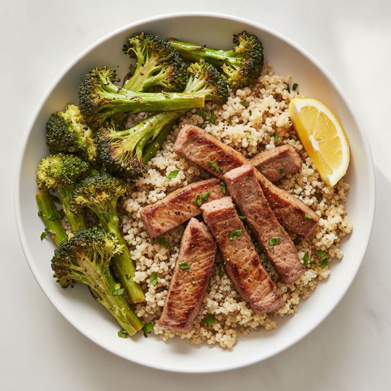 Seared Lean Beef Strips with Roasted Broccoli and Quinoa