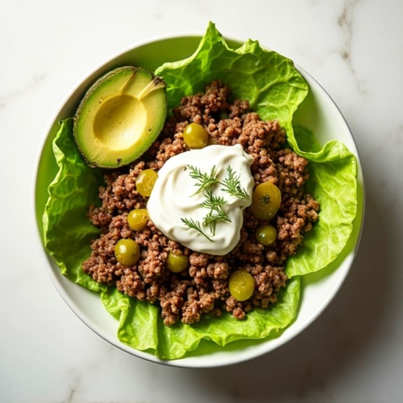 Lean Ground Beef and Crispy Lettuce Bowl with Creamy Dill Pickle Dressing