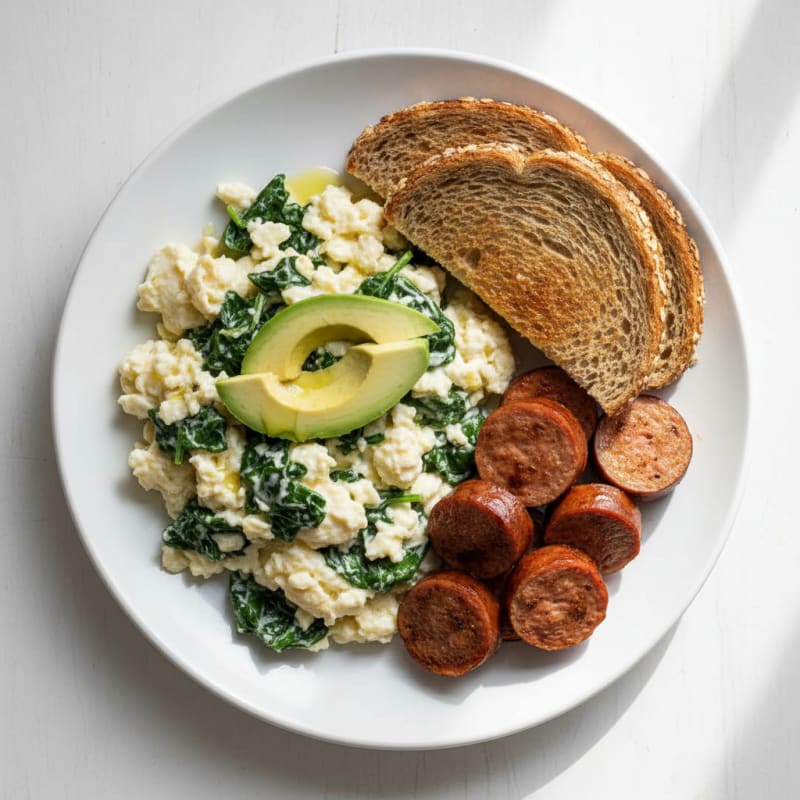 Egg White Spinach Scramble with Seared Turkey Sausage