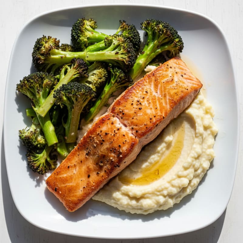 Seared Salmon with Roasted Broccoli and Garlic Mashed Cauliflower