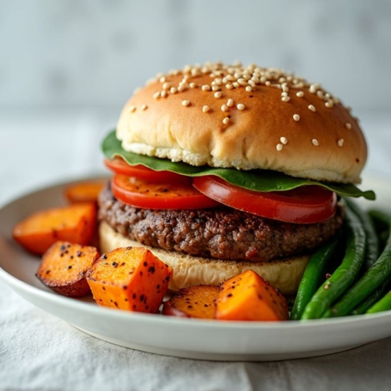 Juicy Lean Beef Burgers with Crispy Roasted Sweet Potatoes and Green Beans