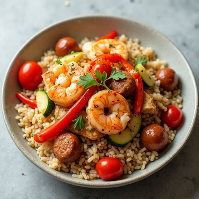 Spicy Simmered Chicken, Shrimp, and Sausage Rice with Fresh Vegetables