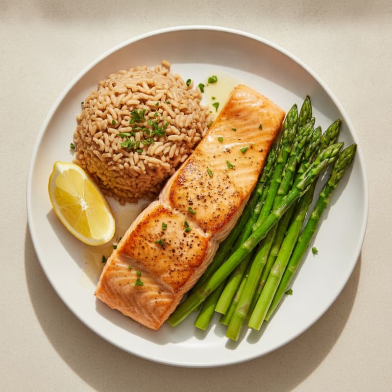 Seared Salmon Fillet with Steamed Asparagus and Brown Rice