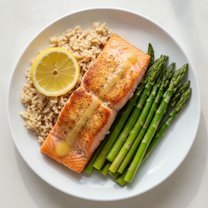 Seared Salmon with Steamed Asparagus and Brown Rice