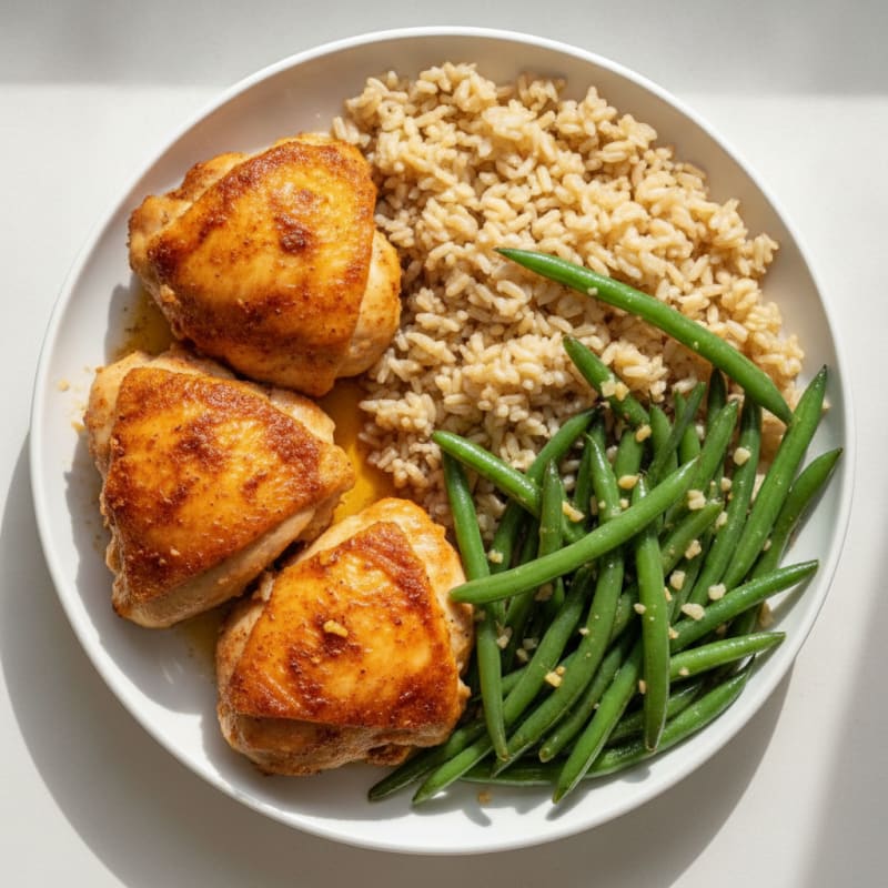 Oven-Baked Chicken Thighs with Garlic Green Beans and Brown Rice