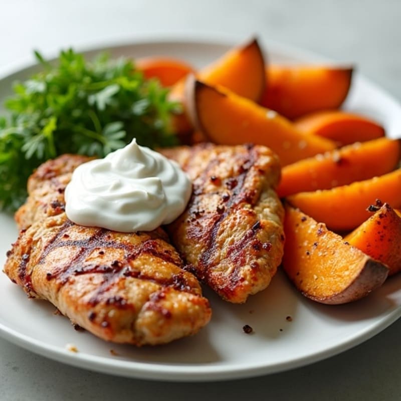 Baked Cinnamon-Spiced Sweet Potato Wedges with Grilled Chicken & Greek Yogurt Drizzle