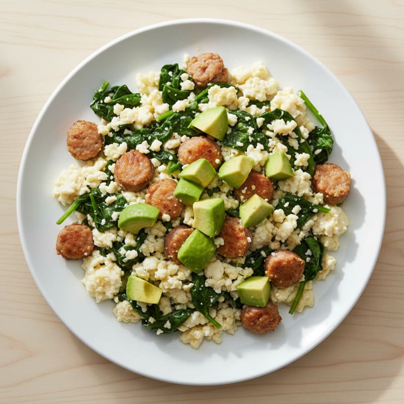 Egg White and Turkey Sausage Scramble with Sautéed Spinach