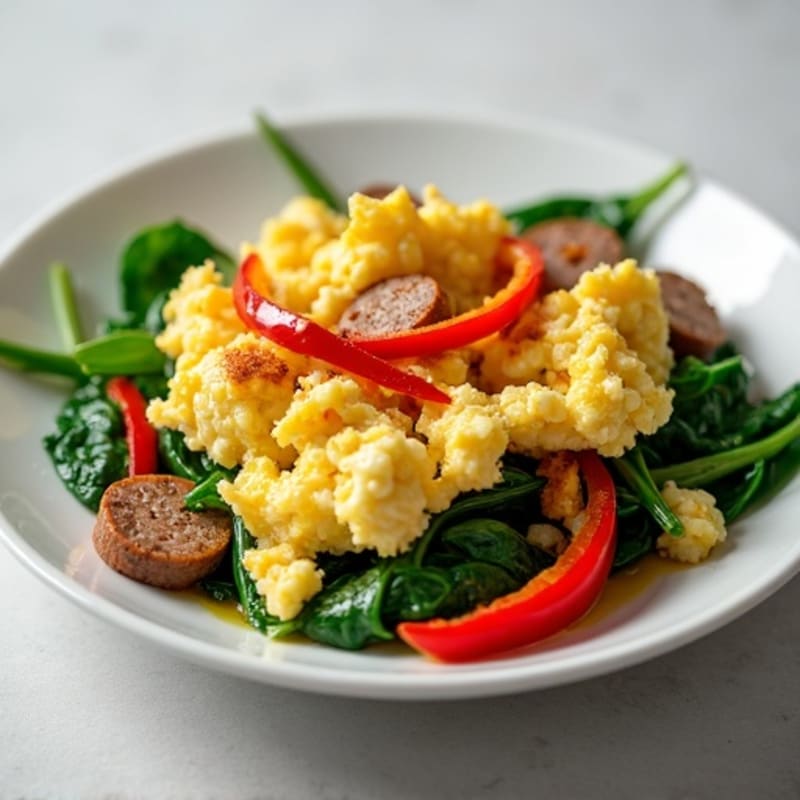 Egg White Scramble with Turkey Sausage and Sautéed Spinach